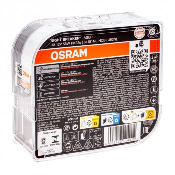 2 449 р. Лампа 12V H3 55W PK22s +150% 3400K бокс (2шт.) Night Breaker Laser OSRAM OSRAM 64151nl2(euro)  с доставкой в г. Кемерово. Увеличить фотографию 2