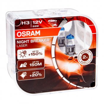 2 449 р. Лампа 12V H3 55W PK22s +150% 3400K бокс (2шт.) Night Breaker Laser OSRAM OSRAM 64151nl2(euro)  с доставкой в г. Кемерово. Увеличить фотографию 1