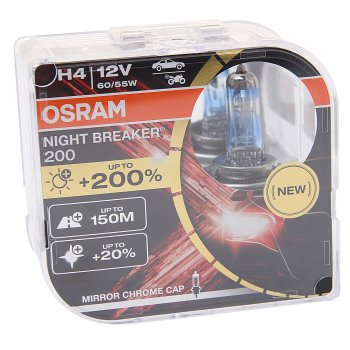 3 089 р. Лампа 12V H4 6055W P43t +200% 4050К бокс (2шт.) Night Breaker 200 OSRAM OSRAM 64193nb200(euro)  с доставкой в г. Кемерово. Увеличить фотографию 1