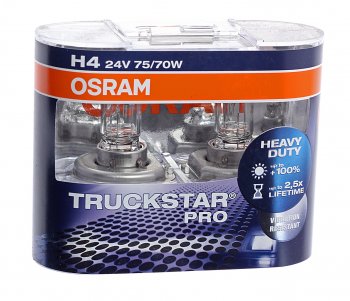 1 439 р. Лампа 24V H4 7570W P43t-38 +120% бокс (2шт.) Truck Star Pro OSRAM OSRAM 64196tsp-hcb  с доставкой в г. Кемерово. Увеличить фотографию 1