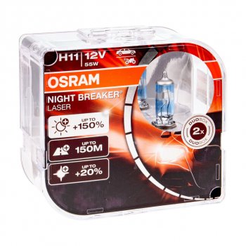 3 299 р. Лампа 12V H11 55W PGJ19-2 +150% 3750K бокс (2шт.) Night Breaker Laser OSRAM OSRAM 64211nl2(euro)  с доставкой в г. Кемерово. Увеличить фотографию 1