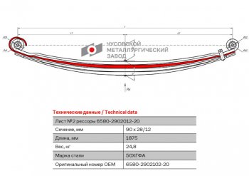 17 549 р. Лист рессоры КАМАЗ-6580 передней №2 L=1875мм ЧМЗ ЧМЗ 6580-2902102-20  с доставкой в г. Кемерово. Увеличить фотографию 1