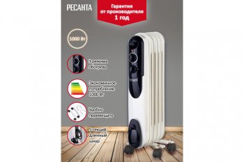 3 799 р. Обогреватель радиатор масляный 1.00кВт (10кв.м) 5 секций белый РЕСАНТА РЕСАНТА 6732  с доставкой в г. Кемерово. Увеличить фотографию 3