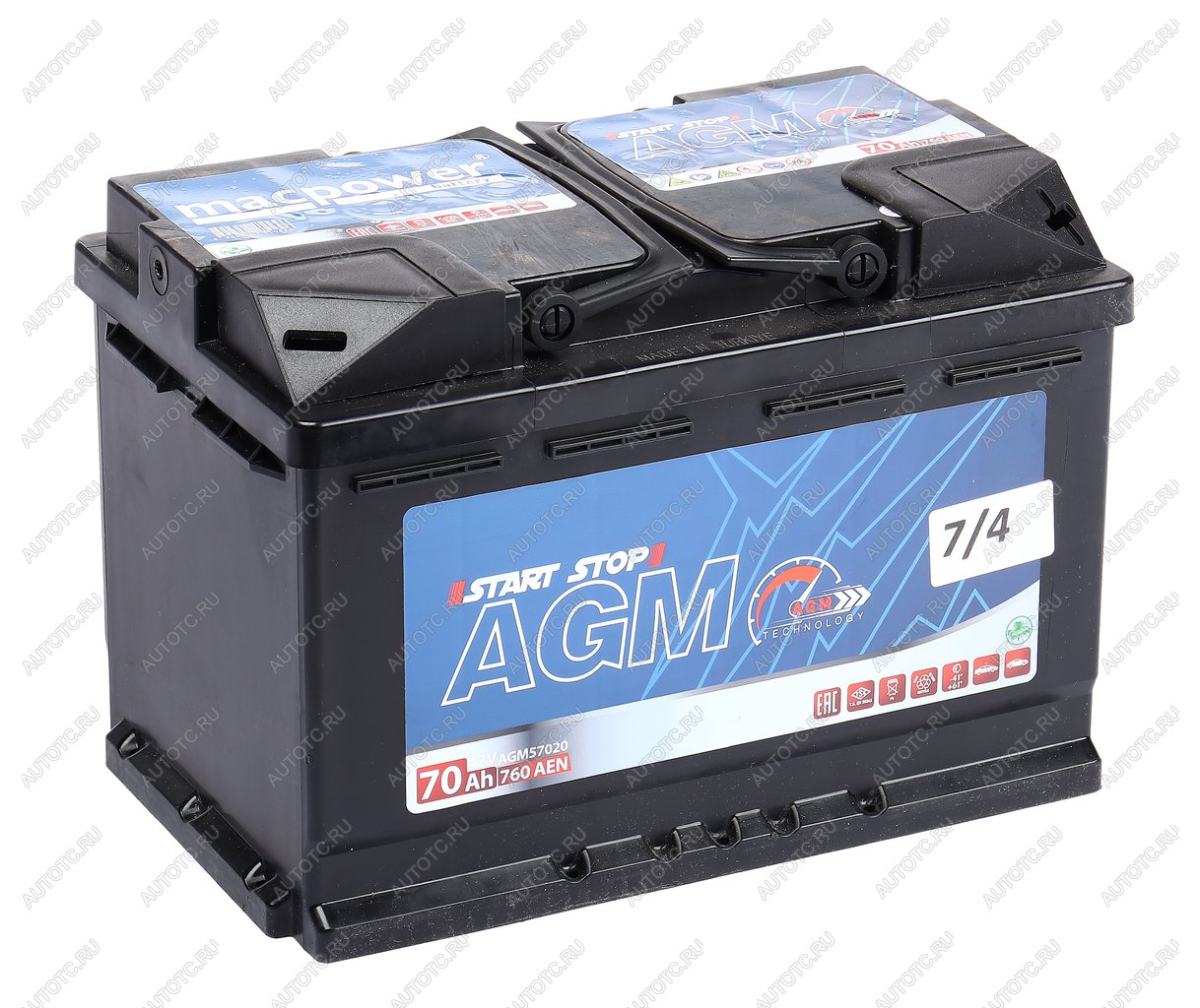 22 649 р. Аккумулятор MACPOWER AGM 70Ач обратная полярность MACPOWER 6ст70(0) 70agm57220  с доставкой в г. Кемерово