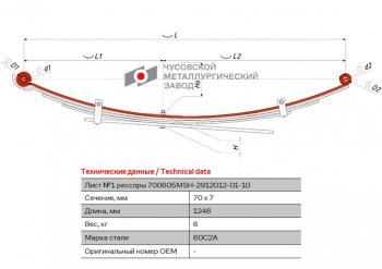 7 349 р. Лист рессоры MITSUBISHI L200 (05-16) задней №1 (5 листов) с втулками L=1246мм ЧМЗ ЧМЗ 700605msh-2912101-01-10  с доставкой в г. Кемерово. Увеличить фотографию 1