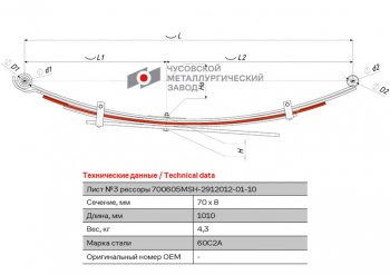 2 899 р. Лист рессоры MITSUBISHI L200 (05-16) задней №3 (5 листов) L=1010мм ЧМЗ ЧМЗ 700605msh-2912103-01  с доставкой в г. Кемерово. Увеличить фотографию 1