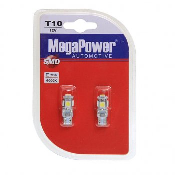 499 р. Лампа светодиодная 12V W5W T10 W2.1x9.5d 6000K 9 LED блистер (2шт.) MEGAPOWER MEGAPOWER-AUTOMOTIVE 70215w-2бл  с доставкой в г. Кемерово. Увеличить фотографию 1