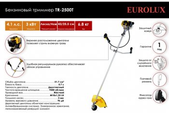 8 499 р. Газонокосилка (триммер) бензиновая 51.7куб.см, 3000Вт, захват 43см, леска+нож EUROLUX EUROLUX 70219  с доставкой в г. Кемерово. Увеличить фотографию 2