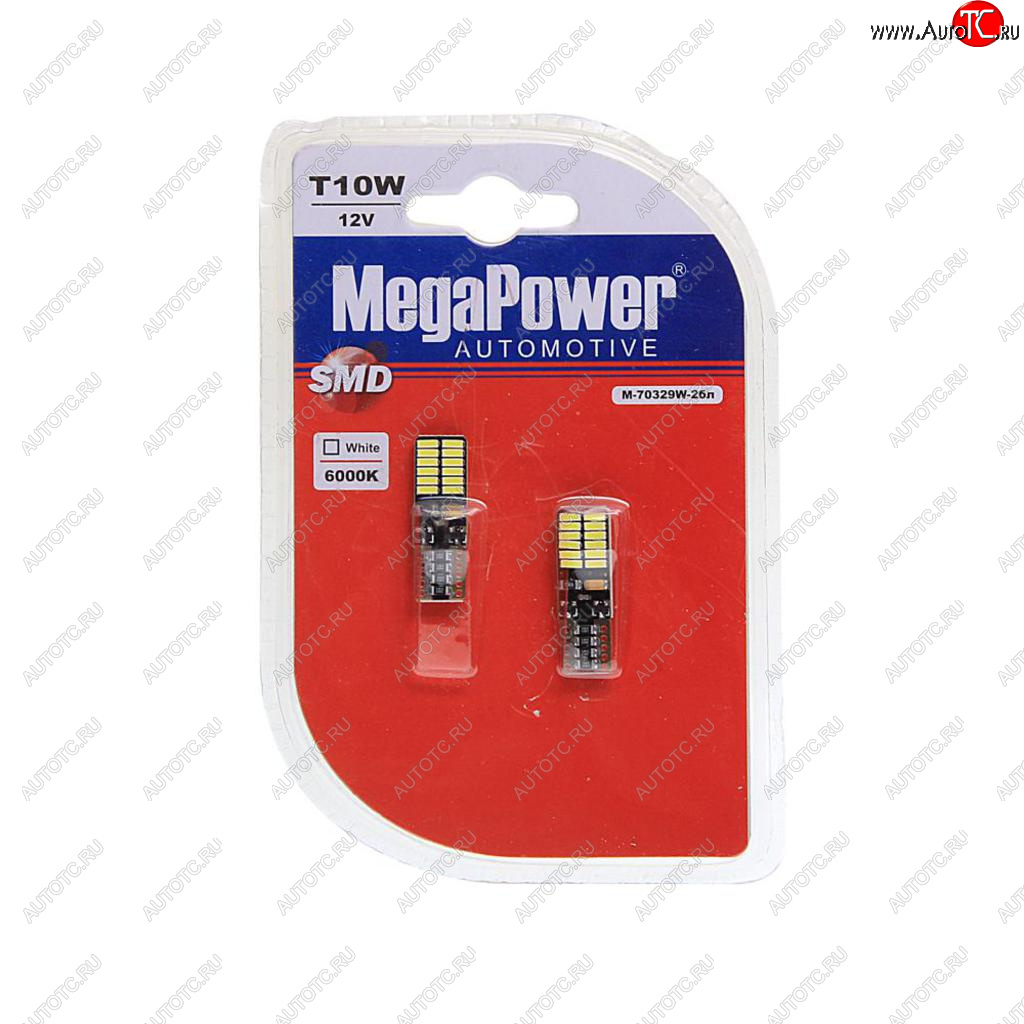 379 р. Лампа светодиодная 12V W5W T10 W2.1x9.5d 6000K 24 LED блистер (2шт.) MEGAPOWER MEGAPOWER-AUTOMOTIVE 70329w-2бл  с доставкой в г. Кемерово