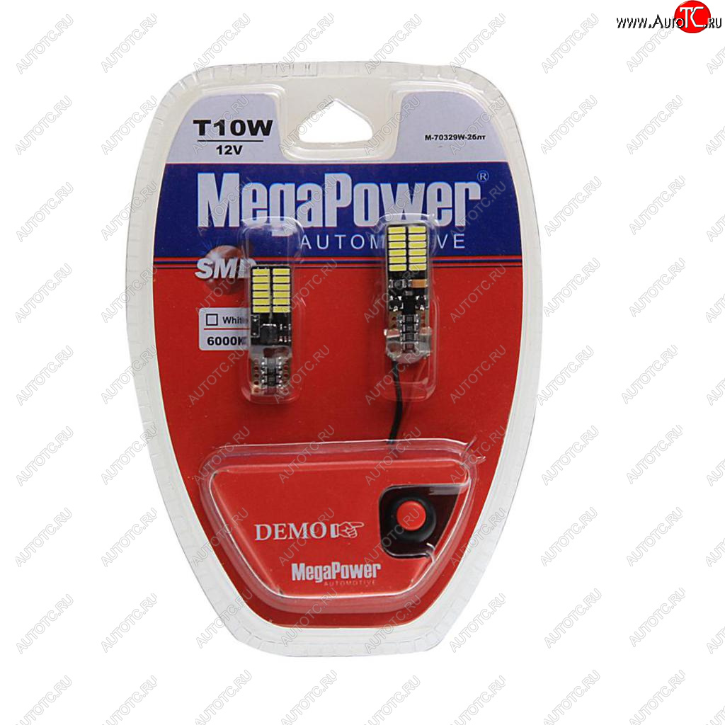 519 р. Лампа светодиодная 12V W5W T10 W2.1x9.5d 6000K 24 LED с тестером блистер (2шт.) MEGAPOWER MEGAPOWER-AUTOMOTIVE 70329w-2блт  с доставкой в г. Кемерово