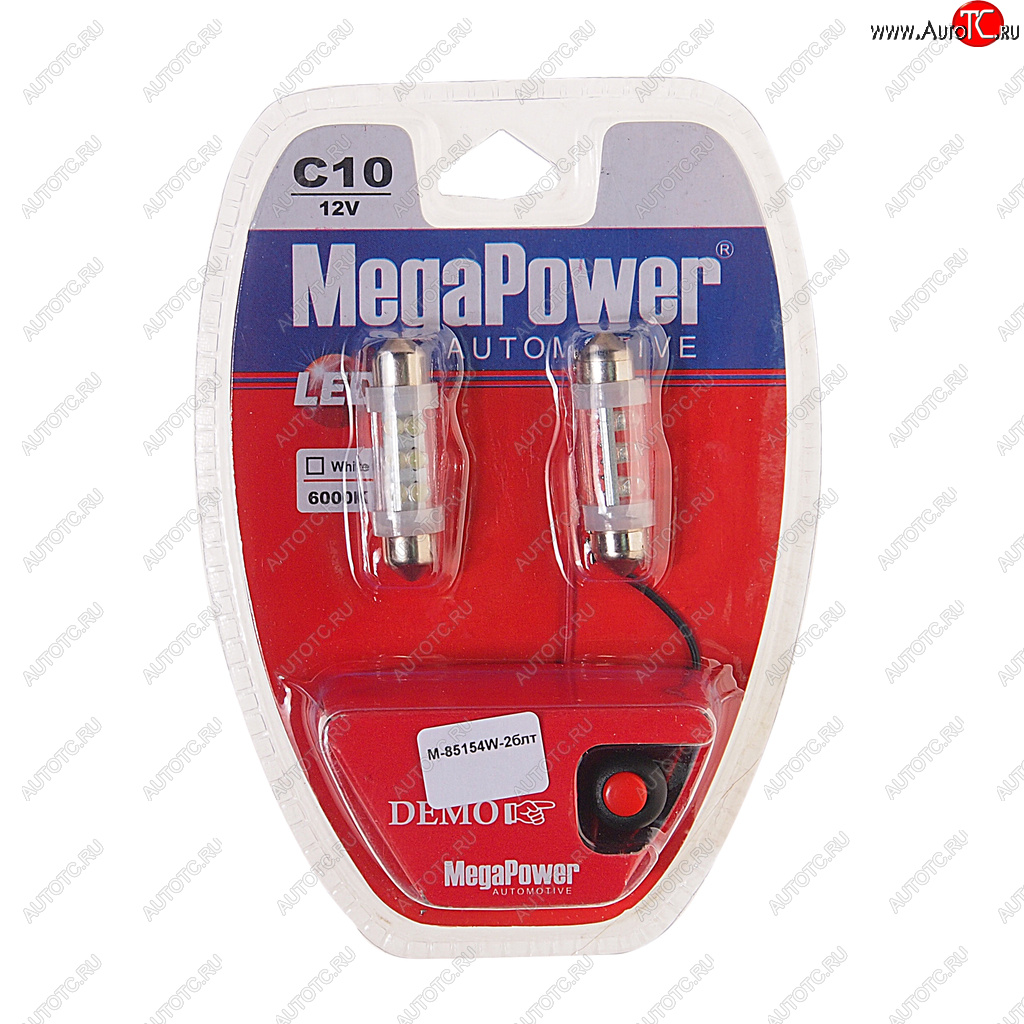 229 р. Лампа светодиодная 12V C10W SV8.5-8 39мм 6000K 6 светодиодов блистер (2шт.) с тестером MEGAPOWER MEGAPOWER-AUTOMOTIVE 85154w-2блт  с доставкой в г. Кемерово