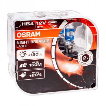 4 199 р. Лампа 12V HB4 51W P22d +150% 3950K бокс (2шт.) Night Breaker Laser OSRAM OSRAM 9006nl2(euro)  с доставкой в г. Кемерово. Увеличить фотографию 1