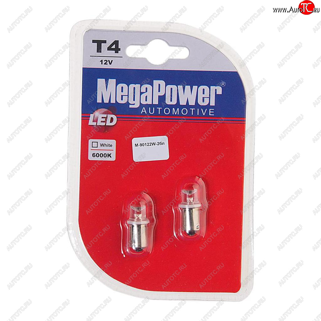 54 р. Лампа светодиодная 12V T4W BA9s 6000K блистер (2шт.) MEGAPOWER MEGAPOWER-AUTOMOTIVE 90122w-2бл  с доставкой в г. Кемерово