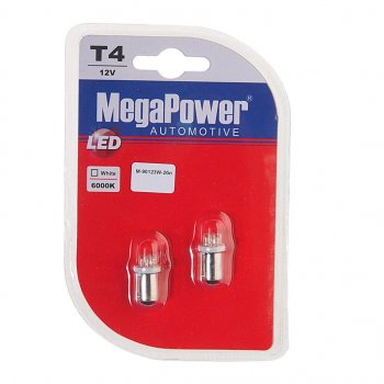 103 р. Лампа светодиодная 12V T4W BA9s 6000K 4 светодиода блистер (2шт.) MEGAPOWER MEGAPOWER-AUTOMOTIVE 90123w-2бл  с доставкой в г. Кемерово. Увеличить фотографию 1
