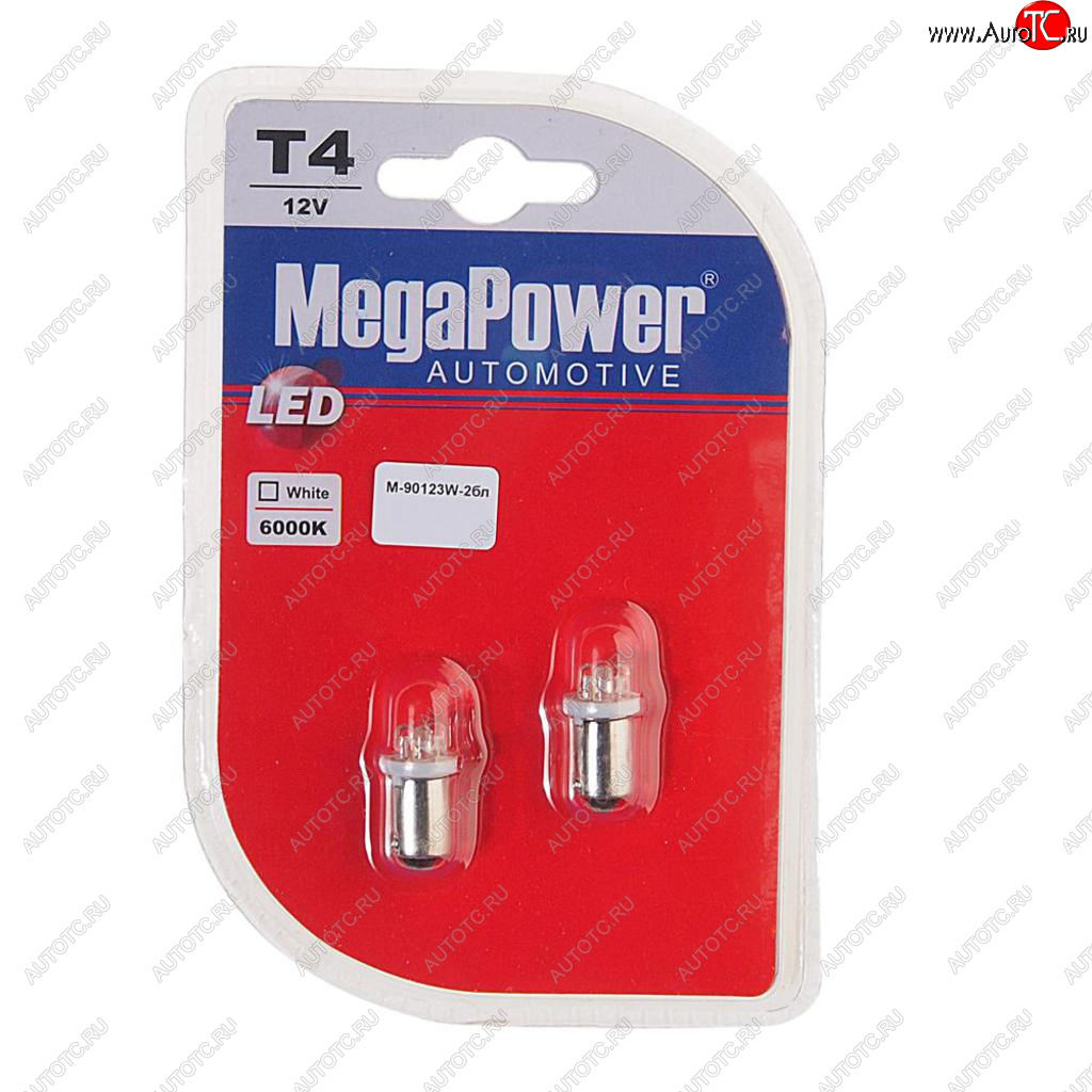 103 р. Лампа светодиодная 12V T4W BA9s 6000K 4 светодиода блистер (2шт.) MEGAPOWER MEGAPOWER-AUTOMOTIVE 90123w-2бл  с доставкой в г. Кемерово
