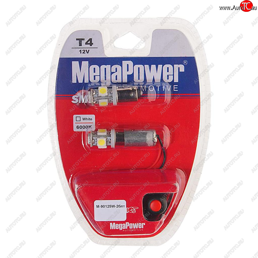 269 р. Лампа светодиодная 12V T4W BA9s 6000K 5 светодиодов блистер (2шт.) с тестером MEGAPOWER MEGAPOWER-AUTOMOTIVE 90125w-2блт  с доставкой в г. Кемерово