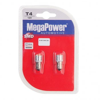 291 р. Лампа светодиодная 12V T4W BA9s 6000K блистер (2шт.) MEGAPOWER MEGAPOWER-AUTOMOTIVE 90134w-2бл  с доставкой в г. Кемерово. Увеличить фотографию 1