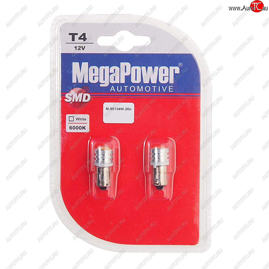 291 р. Лампа светодиодная 12V T4W BA9s 6000K блистер (2шт.) MEGAPOWER MEGAPOWER-AUTOMOTIVE 90134w-2бл  с доставкой в г. Кемерово