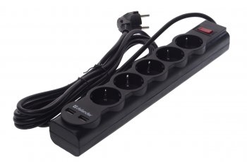 869 р. Фильтр сетевой 3м 10А 2200Вт 5 гнезд + 2 USB с заземлением черный DEFENDER DEFENDER 99753  с доставкой в г. Кемерово. Увеличить фотографию 1
