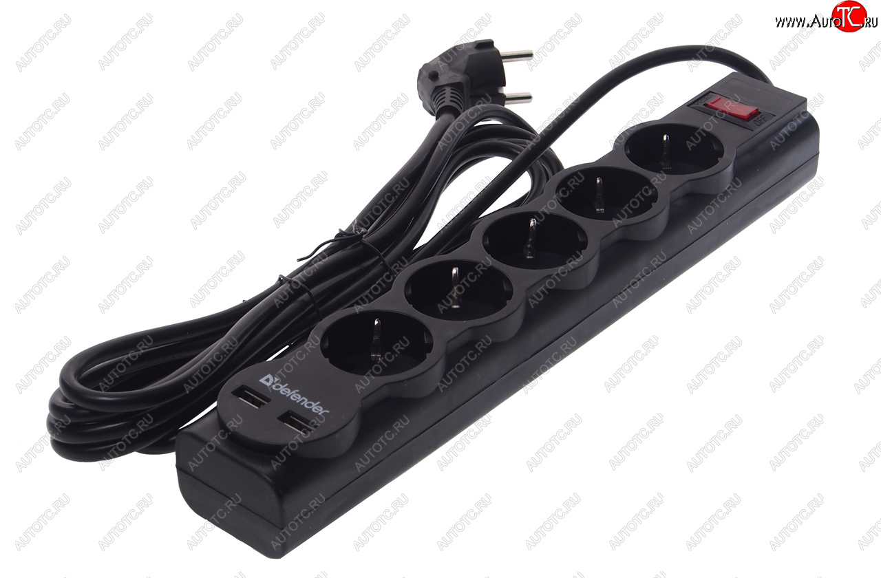 869 р. Фильтр сетевой 3м 10А 2200Вт 5 гнезд + 2 USB с заземлением черный DEFENDER DEFENDER 99753  с доставкой в г. Кемерово