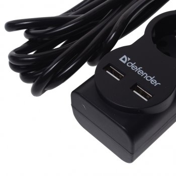 929 р. Фильтр сетевой 5м 10А 2200Вт 5 гнезд + 2 USB с заземлением черный DEFENDER DEFENDER 99755  с доставкой в г. Кемерово. Увеличить фотографию 3
