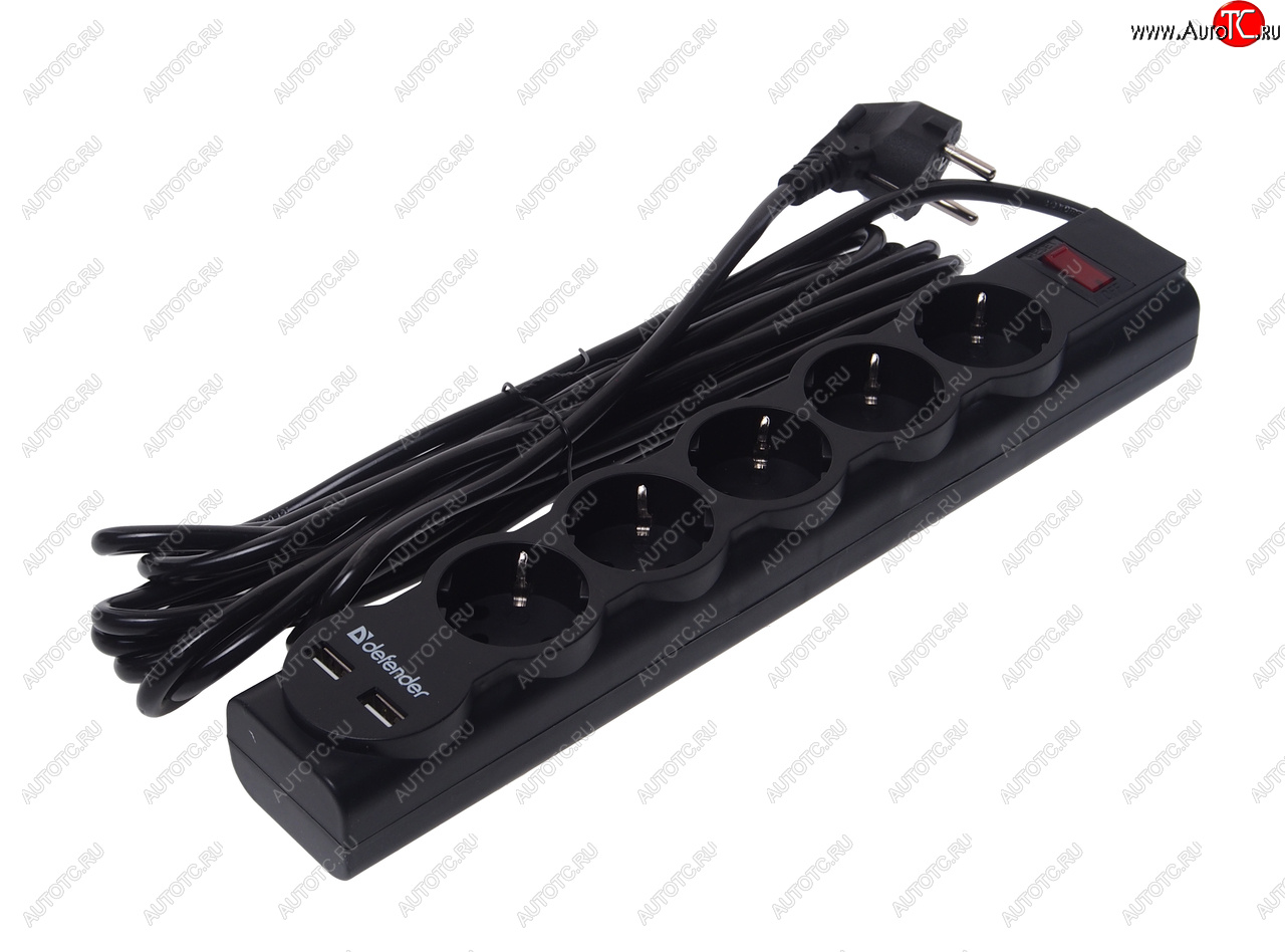 929 р. Фильтр сетевой 5м 10А 2200Вт 5 гнезд + 2 USB с заземлением черный DEFENDER DEFENDER 99755  с доставкой в г. Кемерово