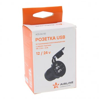 739 р. Розетка автомобильная встраиваемая влагозащищенная 12-24V 2 USB (5V 2.1А+1А) AIRLINE AIRLINE acs-2u-02  с доставкой в г. Кемерово. Увеличить фотографию 4