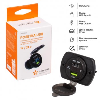 1 389 р. Розетка автомобильная встраиваемая влагозащищенная 12-24V 1 USB + 1 Type C (6.5V 3А + 5V 3А) AIRLINE AIRLINE aebj200  с доставкой в г. Кемерово. Увеличить фотографию 6