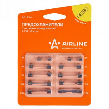 87 р. Предохранитель 2-25A цилиндрический стеклянный 10шт. AIRLINE AIRLINE afu-t-06  с доставкой в г. Кемерово. Увеличить фотографию 2