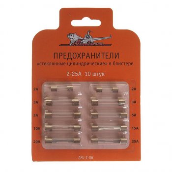 87 р. Предохранитель 2-25A цилиндрический стеклянный 10шт. AIRLINE AIRLINE afu-t-06  с доставкой в г. Кемерово. Увеличить фотографию 1