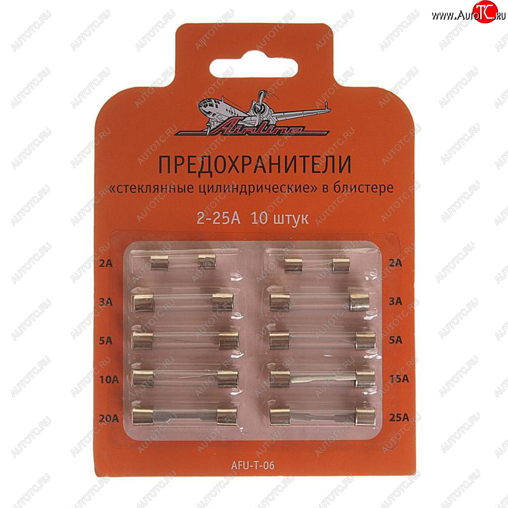 87 р. Предохранитель 2-25A цилиндрический стеклянный 10шт. AIRLINE AIRLINE afu-t-06  с доставкой в г. Кемерово