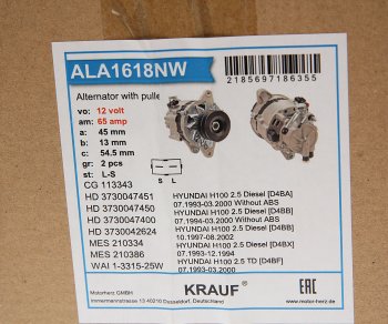 13 349 р. Генератор HYUNDAI Porter (12V,65А) двойной шкив KRAUF KRAUF ala1618nw  с доставкой в г. Кемерово. Увеличить фотографию 5