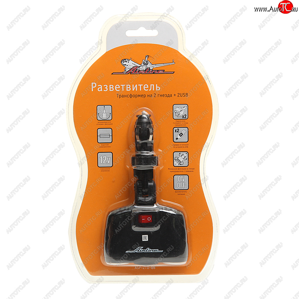 819 р. Разветвитель прикуривателя 2-х гнездовой 12V 2USB AIRLINE AIRLINE asp-2tu-08  с доставкой в г. Кемерово
