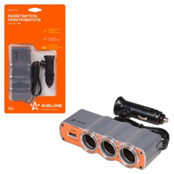 459 р. Разветвитель прикуривателя 3-х гнездовой 12V 1USB AIRLINE AIRLINE asp-3u-03  с доставкой в г. Кемерово. Увеличить фотографию 2