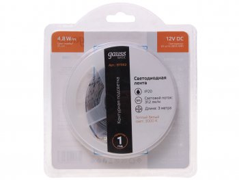 299 р. Лента светодиодная гибкая 4.8W 3м IP20 12V теплый белый (блистер) Basic GAUSS GAUSS bt002 GAUSS bt002  с доставкой в г. Кемерово. Увеличить фотографию 1