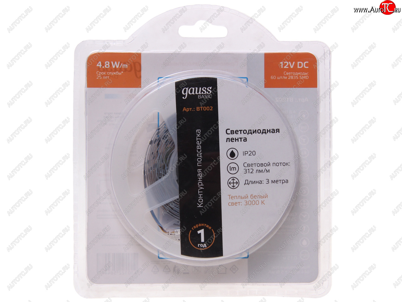 299 р. Лента светодиодная гибкая 4.8W 3м IP20 12V теплый белый (блистер) Basic GAUSS GAUSS bt002 GAUSS bt002  с доставкой в г. Кемерово
