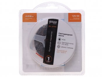 439 р. Лента светодиодная гибкая 4.8W 5м IP20 12V теплый белый (блистер) Basic GAUSS GAUSS bt005  с доставкой в г. Кемерово. Увеличить фотографию 1