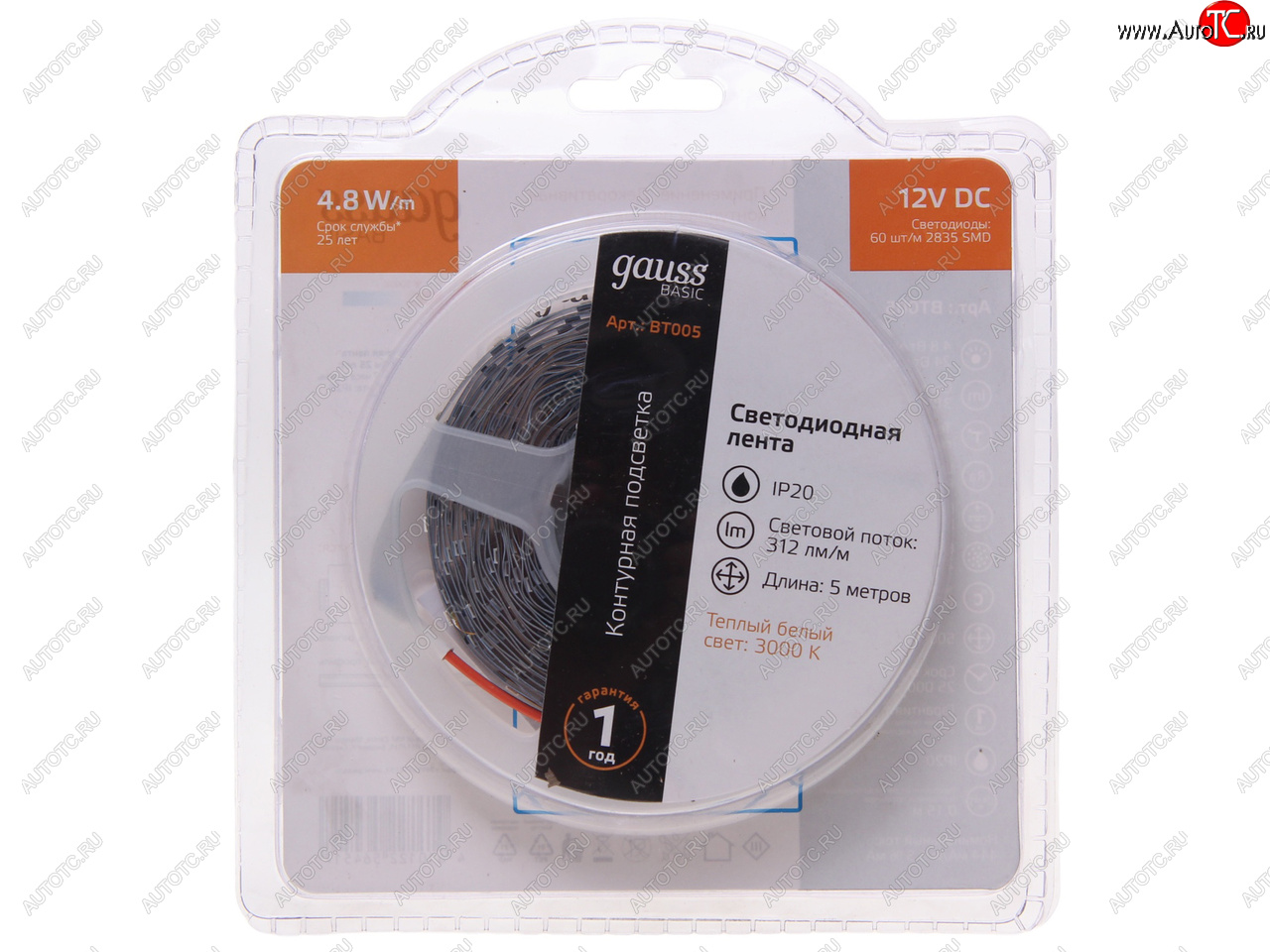 439 р. Лента светодиодная гибкая 4.8W 5м IP20 12V теплый белый (блистер) Basic GAUSS GAUSS bt005  с доставкой в г. Кемерово