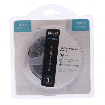 439 р. Лента светодиодная гибкая 4.8W 5м IP20 12V холодный белый (блистер) Basic GAUSS GAUSS bt006  с доставкой в г. Кемерово. Увеличить фотографию 1