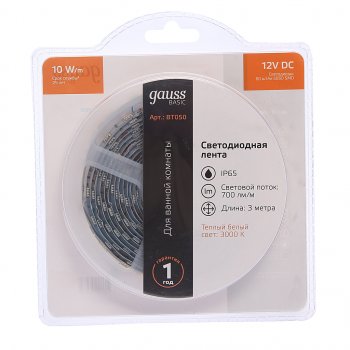 739 р. Лента светодиодная гибкая 10W 3м IP65 12V теплый белый (блистер) Basic GAUSS GAUSS bt050  с доставкой в г. Кемерово. Увеличить фотографию 1