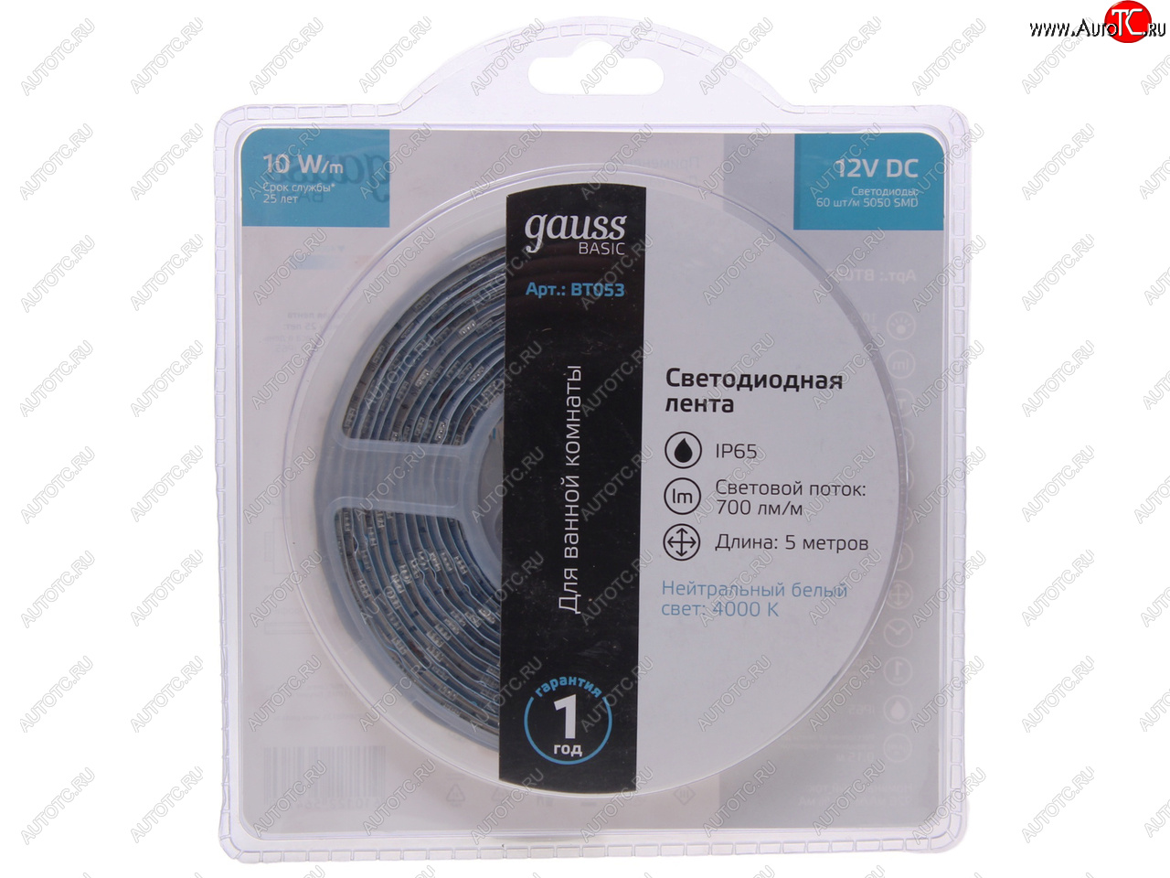 1 099 р. Лента светодиодная гибкая 10W 5м IP65 12V холодный белый (блистер) Basic GAUSS GAUSS bt053 GAUSS bt053  с доставкой в г. Кемерово