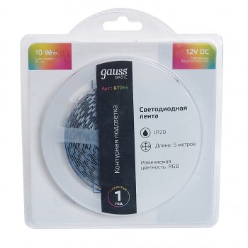 839 р. Лента светодиодная гибкая 10W 5м IP20 12V RGB (блистер) Basic GAUSS GAUSS bt055  с доставкой в г. Кемерово. Увеличить фотографию 1