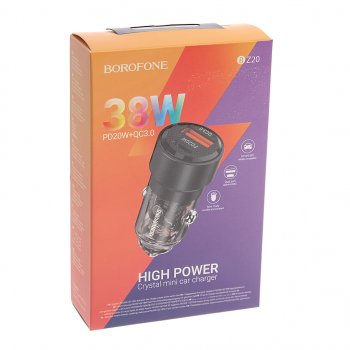 619 р. Устройство зарядное в прикуриватель 1USB + 1 Type C 12V BOROFONE BOROFONE bz20 transparent black  с доставкой в г. Кемерово. Увеличить фотографию 3