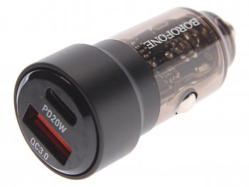 619 р. Устройство зарядное в прикуриватель 1USB + 1 Type C 12V BOROFONE BOROFONE bz20 transparent black  с доставкой в г. Кемерово. Увеличить фотографию 1