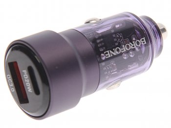 619 р. Устройство зарядное в прикуриватель 1USB + 1 Type C 12V BOROFONE BOROFONE bz20 transparent purple  с доставкой в г. Кемерово. Увеличить фотографию 1
