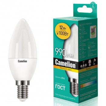 168 р. Лампа светодиодная E14 C35 12W (100W) 220V теплый CAMELION CAMELION c-led12-c35830e14  с доставкой в г. Кемерово. Увеличить фотографию 1