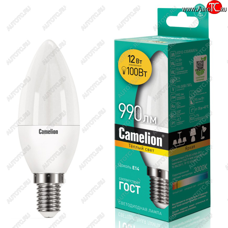 168 р. Лампа светодиодная E14 C35 12W (100W) 220V теплый CAMELION CAMELION c-led12-c35830e14  с доставкой в г. Кемерово