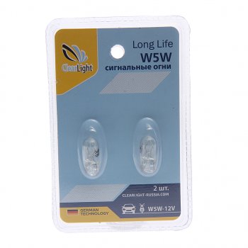 43 р. Лампа 12V W5W T10 W2.1x9.5d блистер (2шт.) CLEARLIGHT CLEARLIGHT cl-w5w-12v 2b  с доставкой в г. Кемерово. Увеличить фотографию 1
