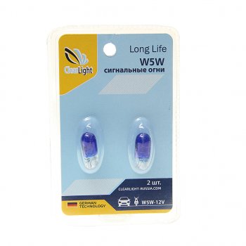 55 р. Лампа 12V W5W T10 W2.1x9.5d блистер (2шт.) CLEARLIGHT CLEARLIGHT cl-w5w-12v 2b (blue)  с доставкой в г. Кемерово. Увеличить фотографию 1