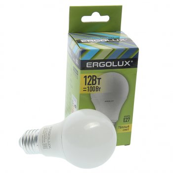 94 р. Лампа светодиодная E27 A60 12W (100W) 220V теплый ERGOLUX ERGOLUX el-led-a60-12w-e27-3k  с доставкой в г. Кемерово. Увеличить фотографию 1